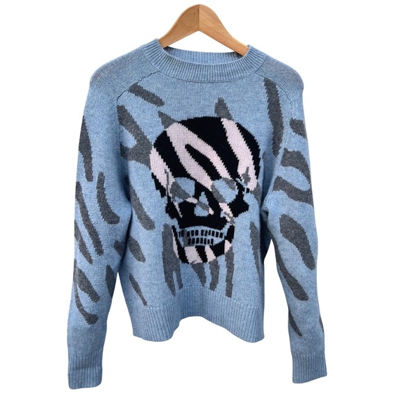 Skull Cashmere Jaden Sweater Women Skull Animal Print Blue Cashmere Wool Goth S - Picture 14 of 17